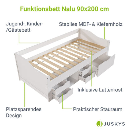 Funktionsbett Nalu 90x200 cm mit Lattenrost & Stauraum - Weiss