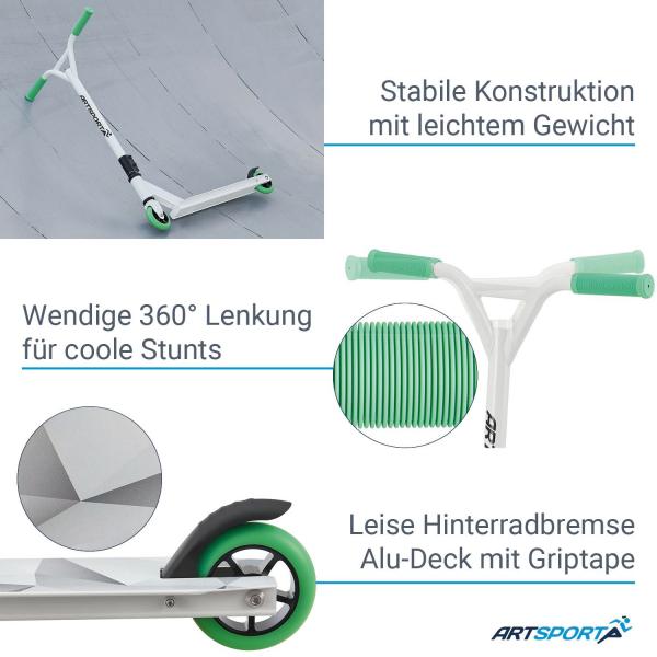 Monopattino Stunt Scooter Futuristico Bianco Verde Monopattino Stunt con Sterzo a 360°