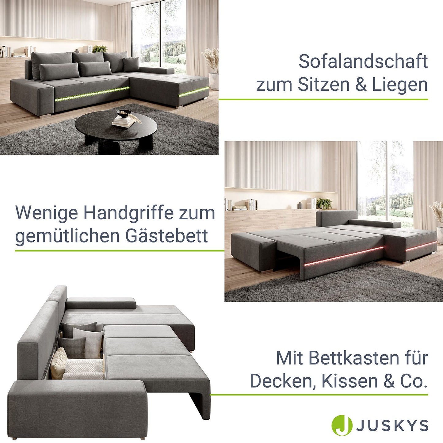 Sofa Davos mit LEDs & L-Form Schlaffunktion Hellgrau