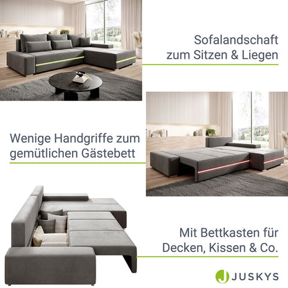 Sofa Davos mit LEDs & L-Form Schlaffunktion Hellgrau