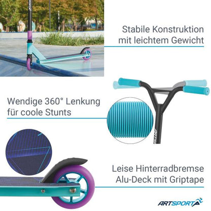 Stunt Scooter Retro Purple in Blau Lila Trick Roller mit 360° Lenkung