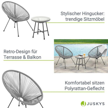 Balkonmöbel Set Ostana 3-teilig Grau Sitzgruppe im Retro-Design mit Tisch & 2 Sesseln