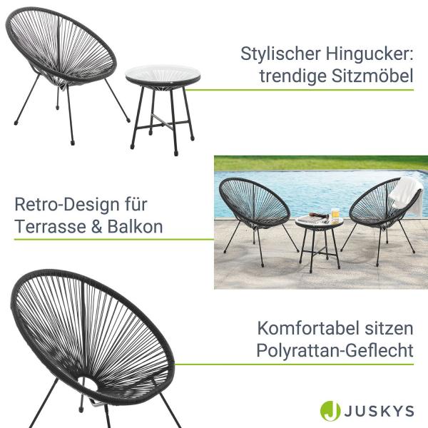 Balkonmöbel Set Ostana 3-teilig Schwarz Sitzgruppe im Retro-Design mit Tisch & 2 Sesseln