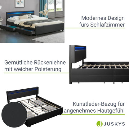 Lit capitonné Lyon avec caisson de lit 180 x 200 cm éclairage LED et sommier à lattes noir