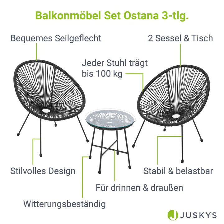 Ensemble de meubles de balcon Ostana 3 pièces ensemble de sièges noirs au design rétro avec table et 2 fauteuils
