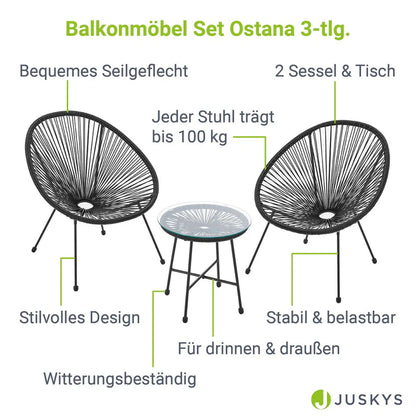 Ensemble de meubles de balcon Ostana 3 pièces ensemble de sièges noirs au design rétro avec table et 2 fauteuils