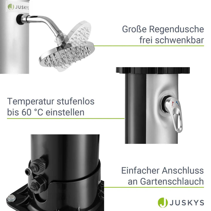 Douche solaire Victoria Douche de jardin 40 litres avec grande pomme de douche à effet pluie et réglage de la température