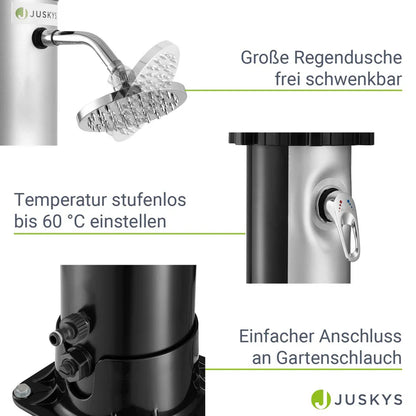 Douche solaire Victoria Douche de jardin 40 litres avec grande pomme de douche à effet pluie et réglage de la température