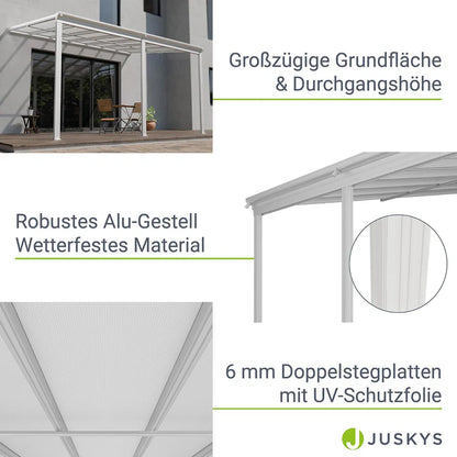 Aluminium Terrassendach Borneo 4x3m mit Doppelsteg-Platten weiss / transparent