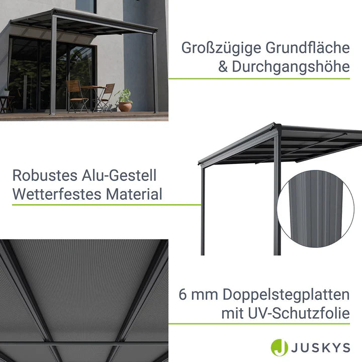 Aluminium Terrassendach Borneo 3x3m mit Doppelsteg-Platten in dunkelgrau