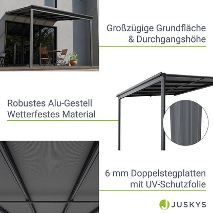 Aluminium Terrassendach Borneo 3x3m mit Doppelsteg-Platten in dunkelgrau