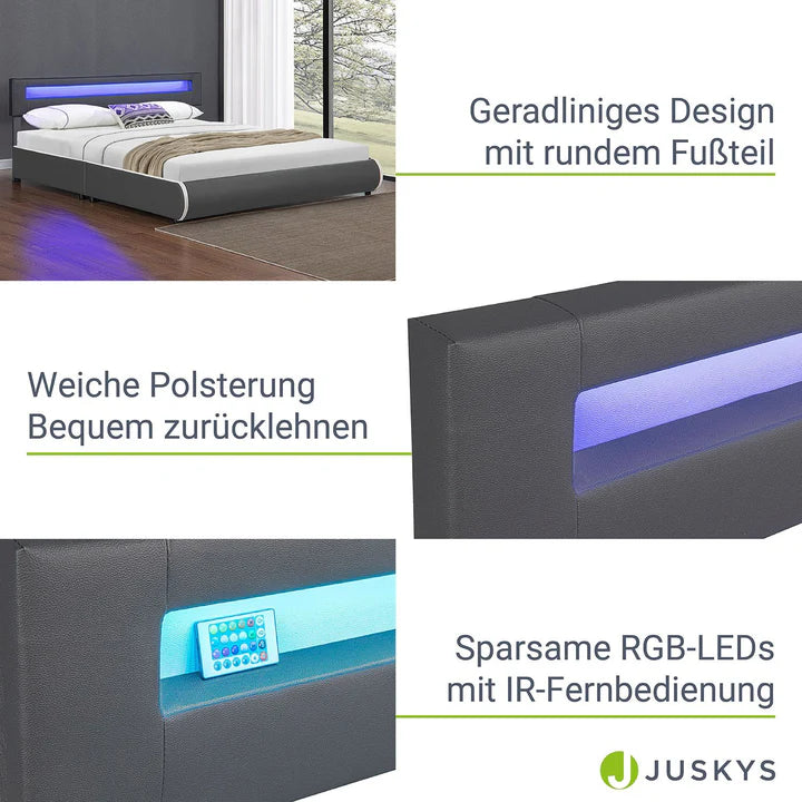 Lit rembourré Sevilla 180 x 200 cm éclairage LED et sommier à lattes gris foncé