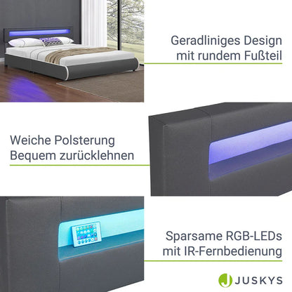 Lit rembourré Sevilla 180 x 200 cm éclairage LED et sommier à lattes gris foncé