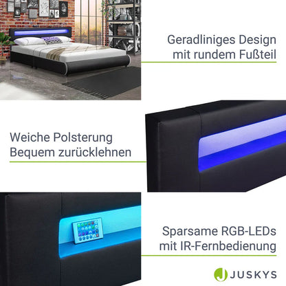 Lit rembourré LED Sevilla 180 x 200 cm sommier à lattes noir