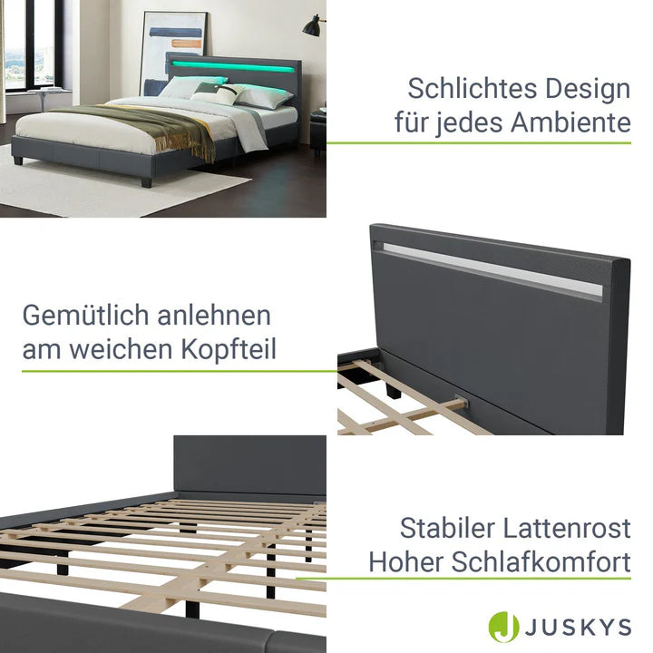 Lit tapissé LED Paris 140 x 200 cm sommier à lattes gris