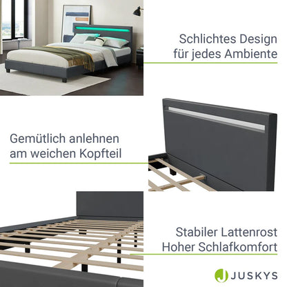 Lit tapissé LED Paris 140 x 200 cm sommier à lattes gris