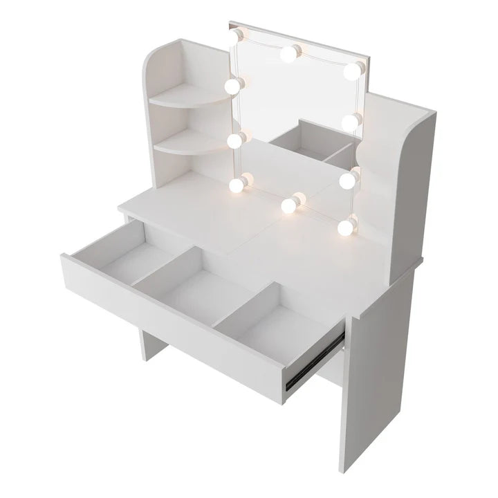 Coiffeuse Bella avec éclairage LED, miroir, tiroir et compartiments | blanc