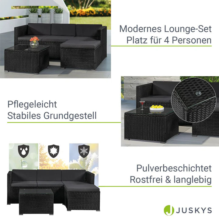 Salon en polyrotin Punta Cana M salon noir composé de 1 table, 1 canapé et 1 tabouret