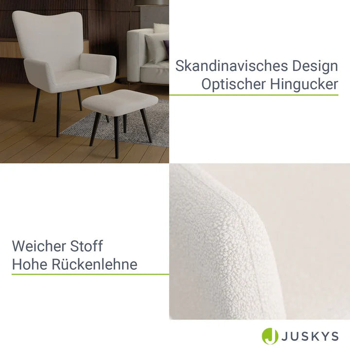 Ohrensessel Relaxsessel Bouclé mit Hocker Beige