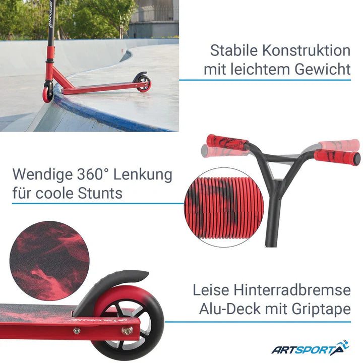 Stunt Scooter Red Smoke in Rot Schwarz Trick Roller mit 360° Lenkung