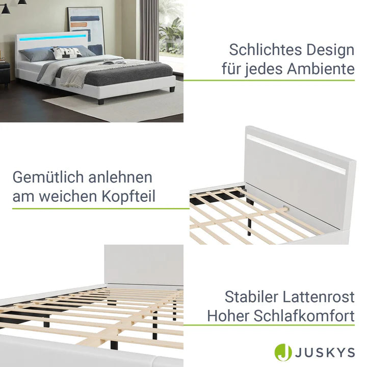 Lit tapissé LED Paris 140 x 200 cm sommier à lattes blanc