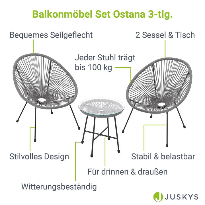 Set di mobili da balcone Ostana, gruppo di sedute grigio da 3 pezzi in design retrò con tavolo e 2 poltrone