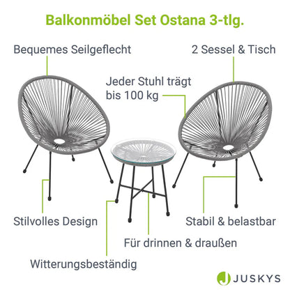 Set di mobili da balcone Ostana, gruppo di sedute grigio da 3 pezzi in design retrò con tavolo e 2 poltrone
