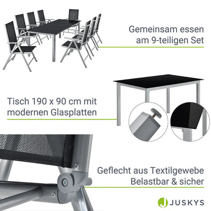 Set da giardino in alluminio Milano 9 pezzi con tavolo e 8 sedie grigio argento