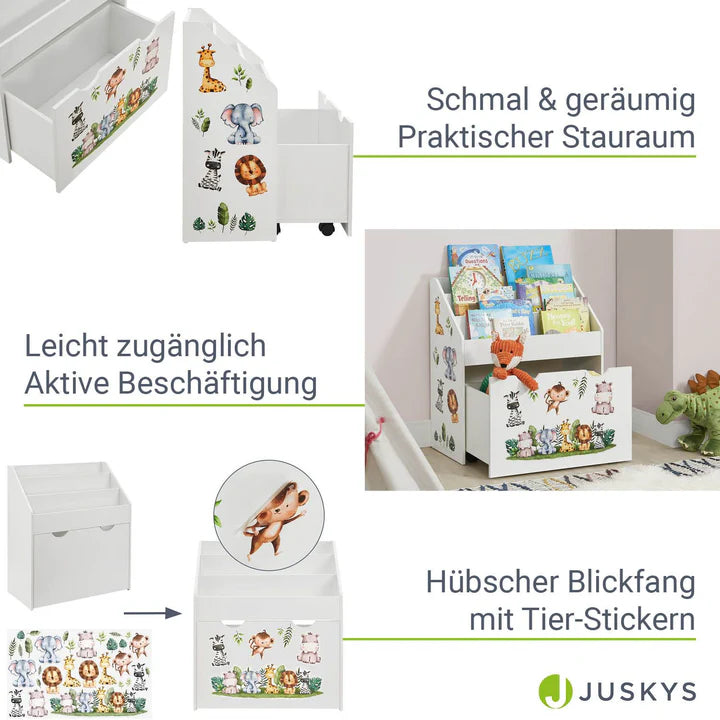 Kinder Bücherregal Weiss aus Holz 3 Fächer + 1 Kiste