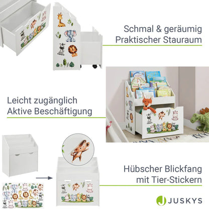 Kinder Bücherregal Weiss aus Holz 3 Fächer + 1 Kiste