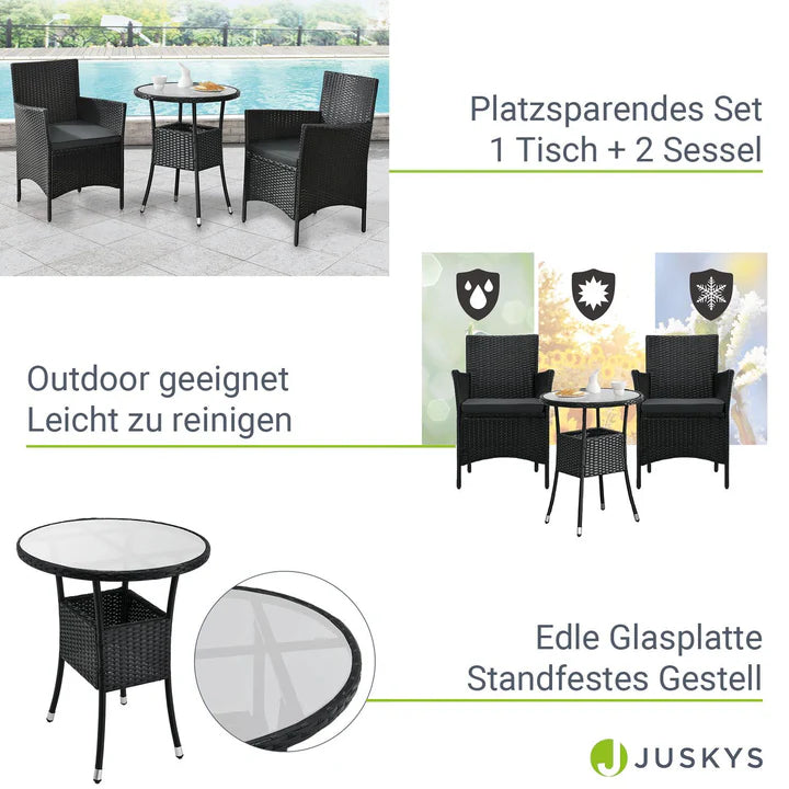 3-tlg Polyrattan Sitzgarnitur Balkon Set Bayamo schwarz / grau