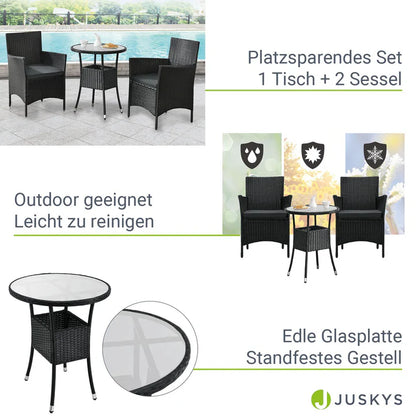 3-tlg Polyrattan Sitzgarnitur Balkon Set Bayamo schwarz / grau