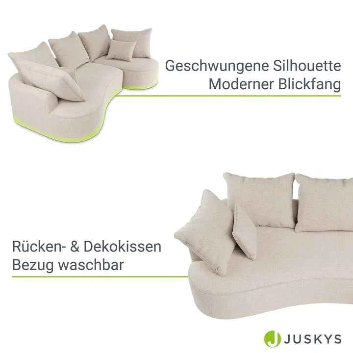 Sofa Tirano mit Ottomane & Dekokissen aus Boucléstoff Creme