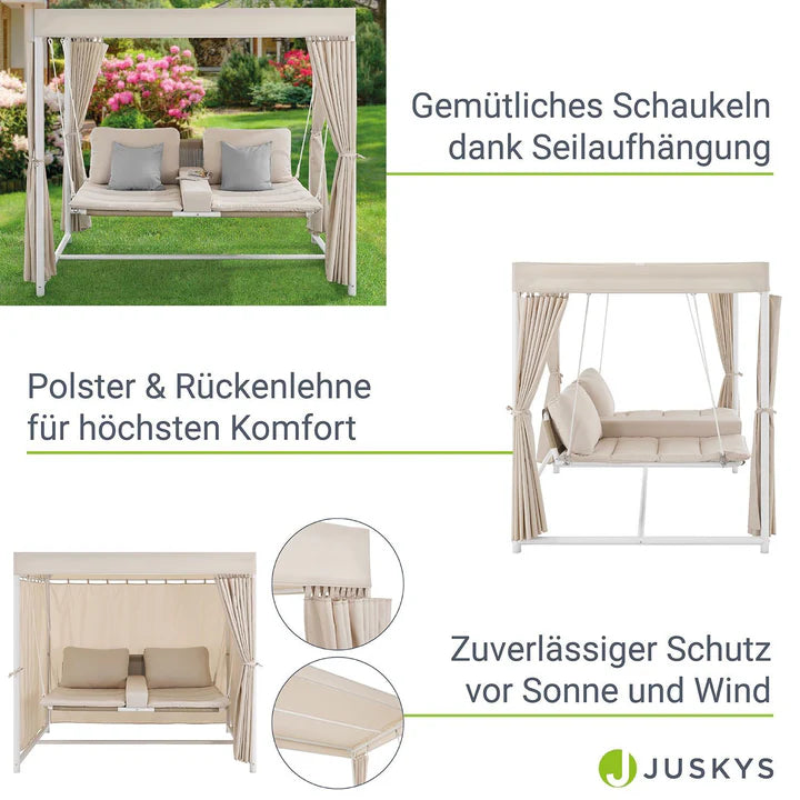 Schaukelliege Kassandra in Weiss Beige Sonnendach und Vorhängen