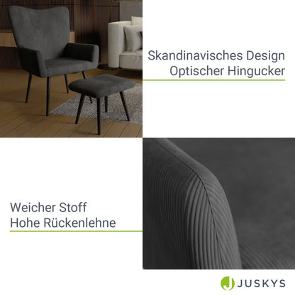 Ohrensessel Relaxsessel Cord mit Hocker Grau