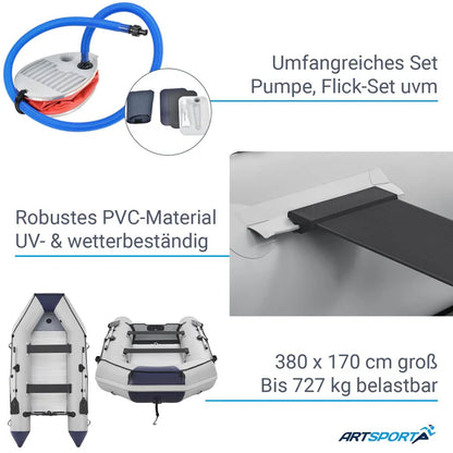 Barca gonfiabile a pedali grigia con fondo in alluminio - 3,80 m incl. certificato di sdoganamento