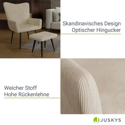 Ohrensessel Relaxsessel Cord mit Hocker Beige