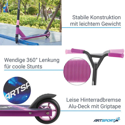 Stunt Scooter Galactic Cruiser in Lila Schwarz Trick Roller mit 360° Lenkung