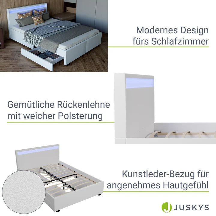 Lit capitonné LED Lyon avec coffre de lit 140 x 200 cm - blanc