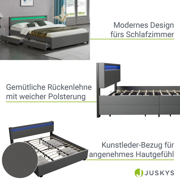 Lit capitonné LED Lyon avec coffre de lit 180 x 200 cm - gris foncé