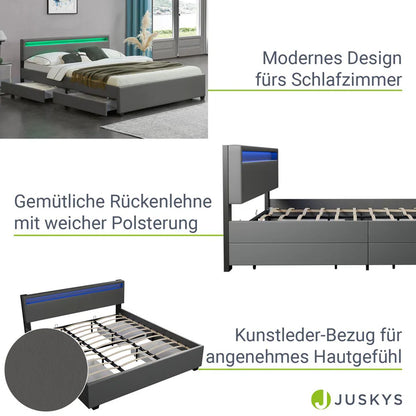 Lit capitonné LED Lyon avec coffre de lit 180 x 200 cm - gris foncé