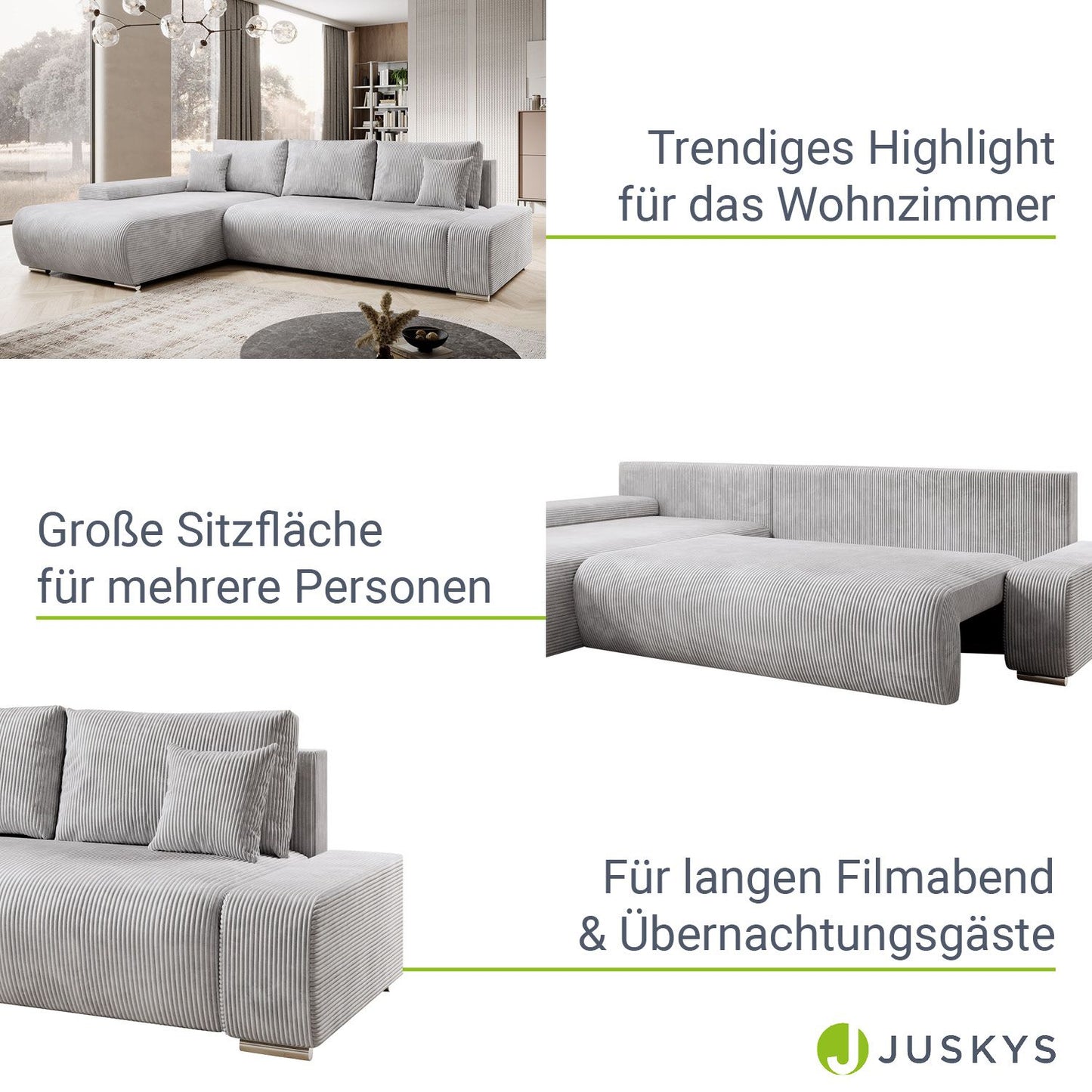 Sofa Iseo in L-Form mit Schlaffunktion Hellgrau