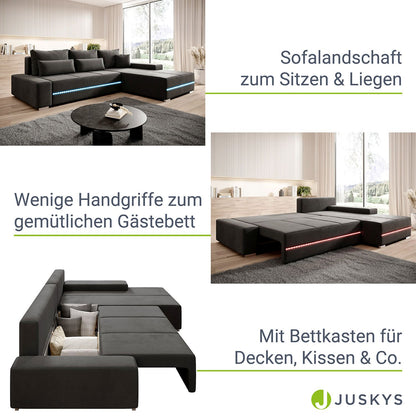 Sofa Davos mit LEDs in L-Form mit Schlaffunktion - Dunkelgrau