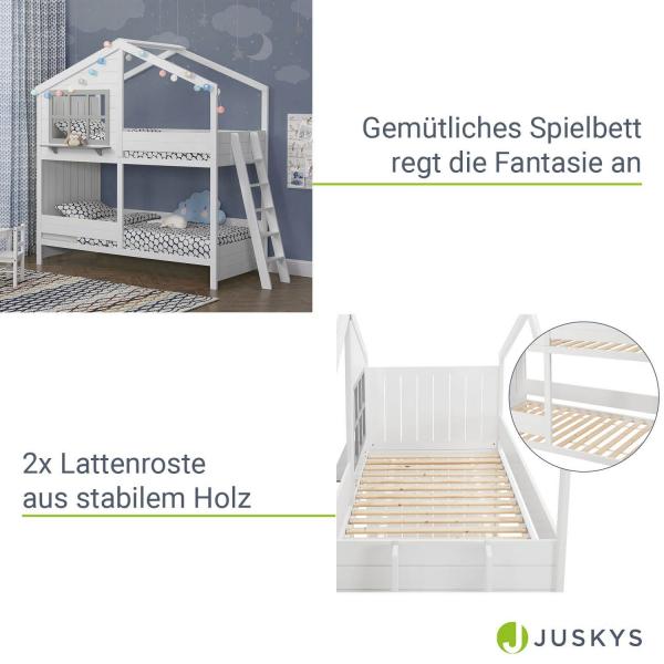 Lit mezzanine enfant maison de rêve 90 x 200 cm Lit enfant moderne avec toit, 2 lits et échelle