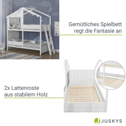 Lit mezzanine enfant maison de rêve 90 x 200 cm Lit enfant moderne avec toit, 2 lits et échelle