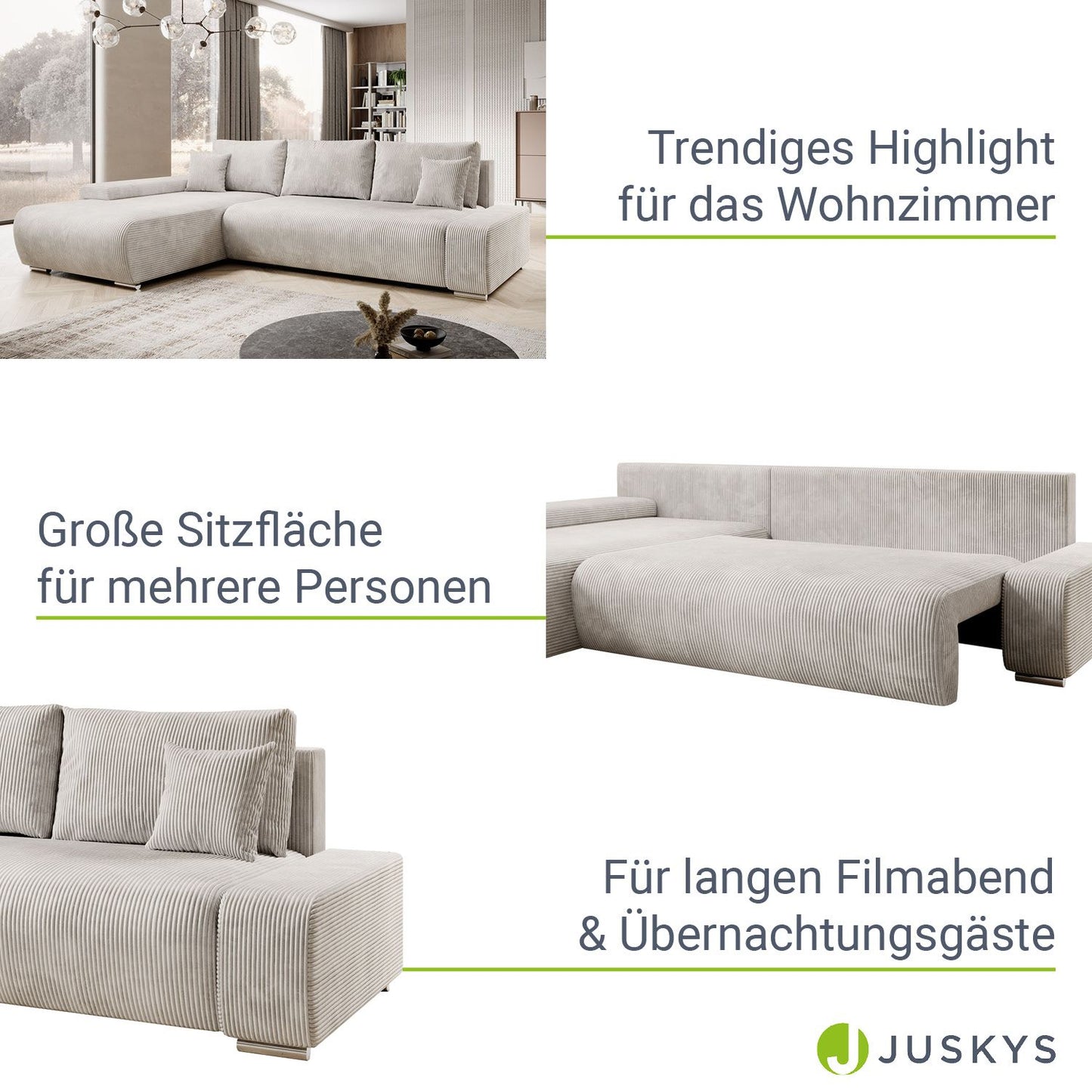 Sofa Iseo in L-Form mit Schlaffunktion Beige