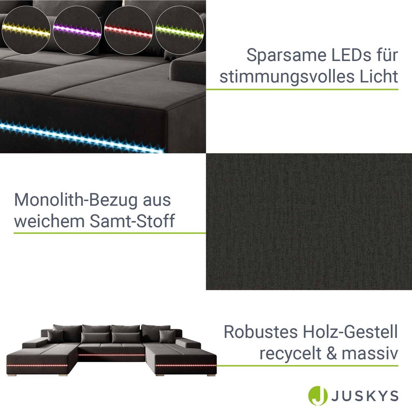 Sofa Malbun mit LEDs & Schlaffunktion Dunkelgrau