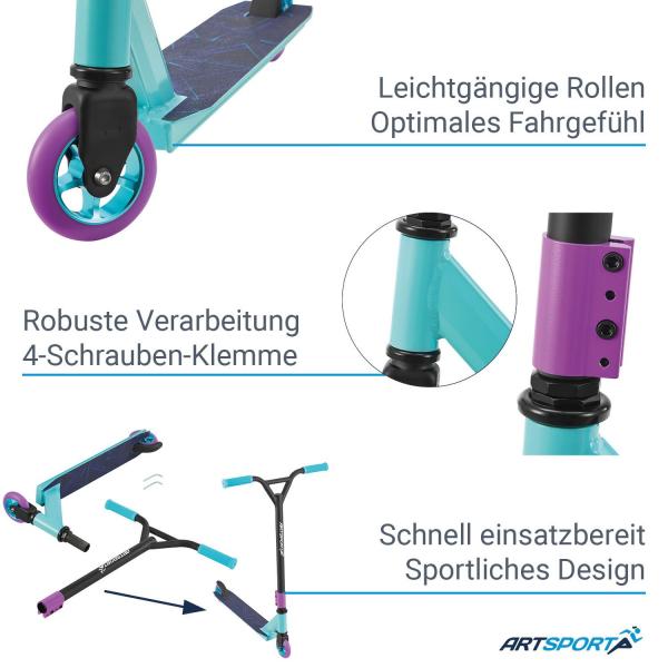 Stunt Scooter Retro Purple in Blau Lila Trick Roller mit 360° Lenkung