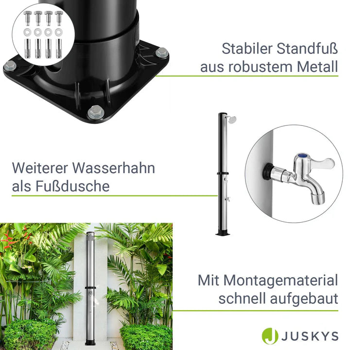 Douche solaire Victoria Douche de jardin 40 litres avec grande pomme de douche à effet pluie et réglage de la température