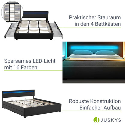 Lit capitonné Lyon avec caisson de lit 180 x 200 cm éclairage LED et sommier à lattes noir